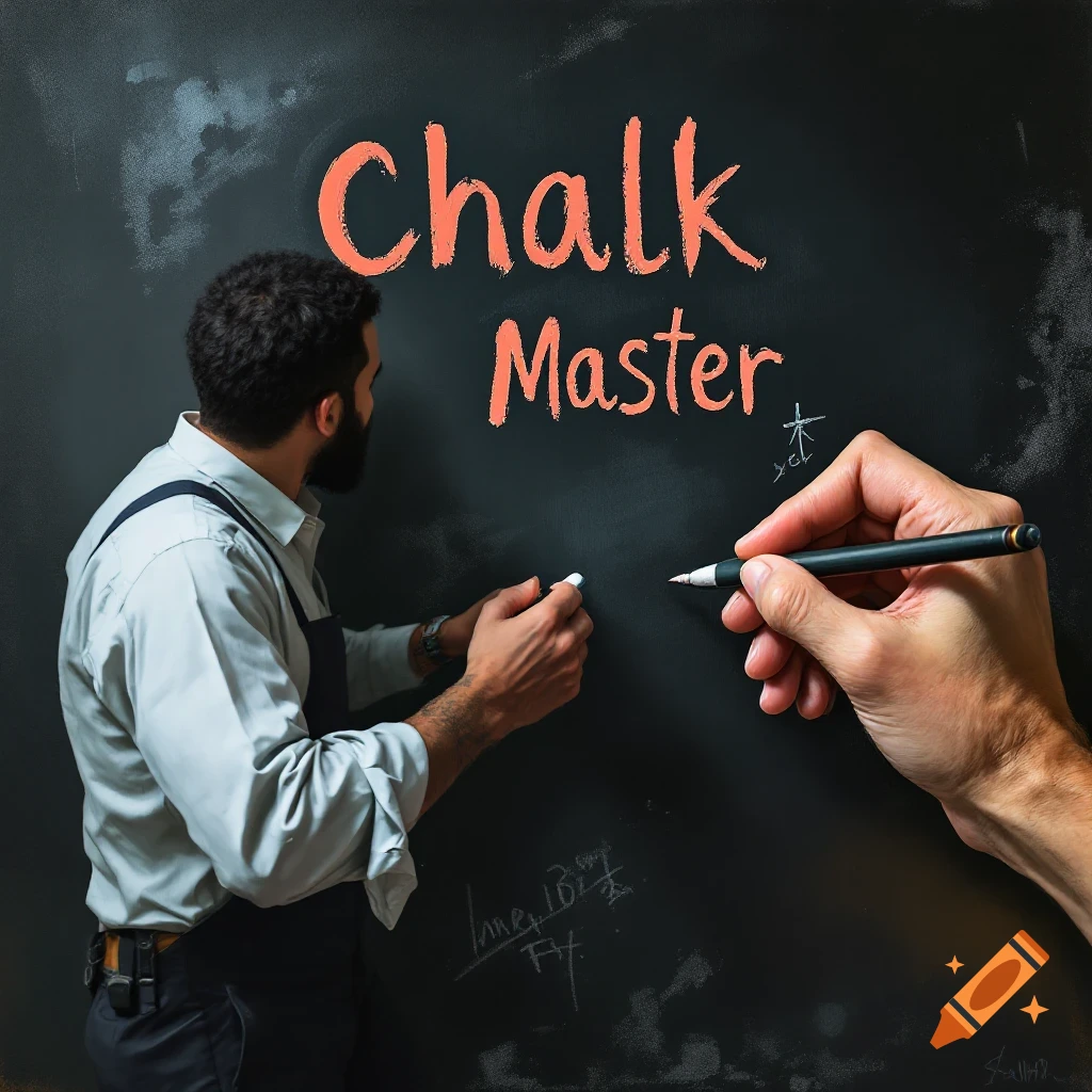 A man and a giant hand write "Chalk Master" on a chalkboard.
