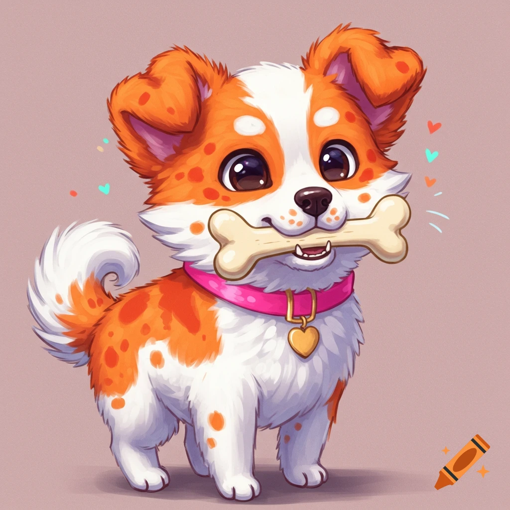 A cute cartoon dog with orange and white spots holds a bone in its mouth. It wears a pink collar with a heart tag.