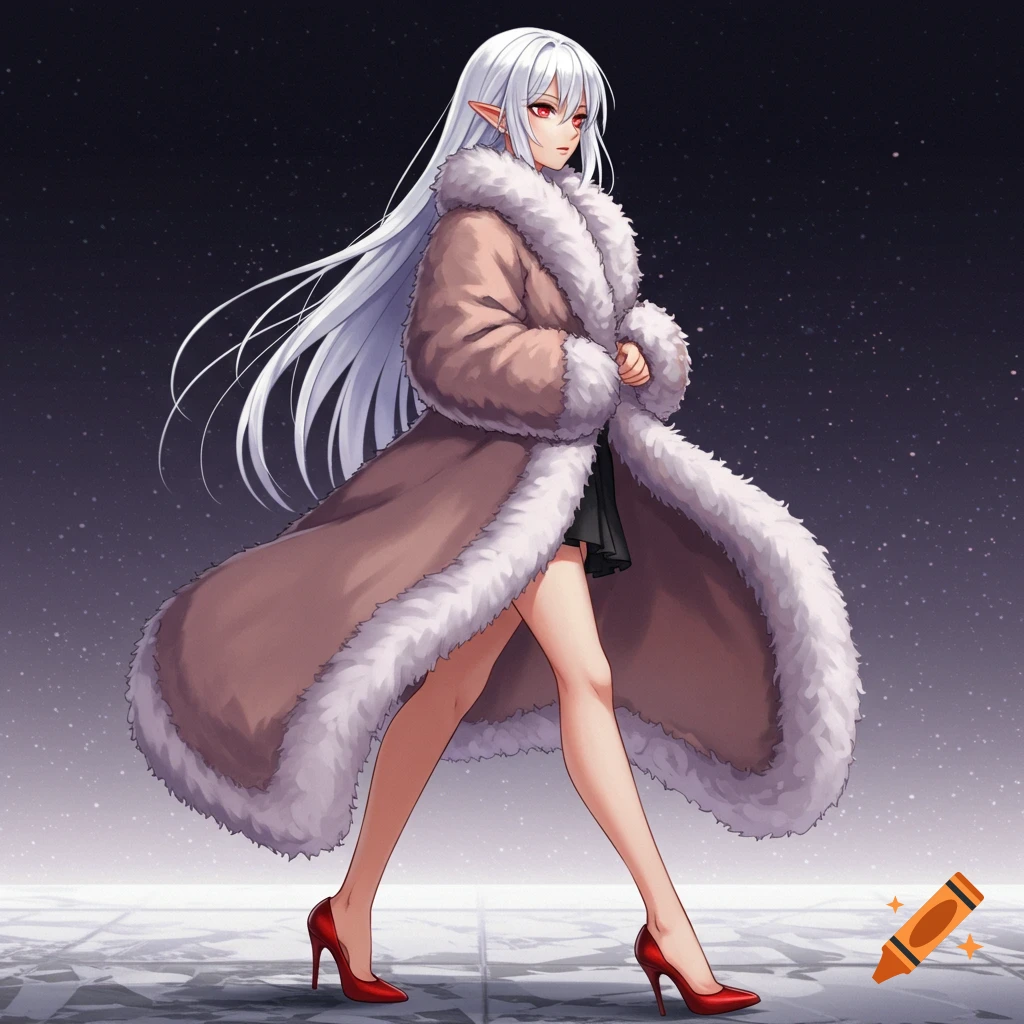 Anime woman with long white hair and red eyes walks in a fur coat and red high heels.