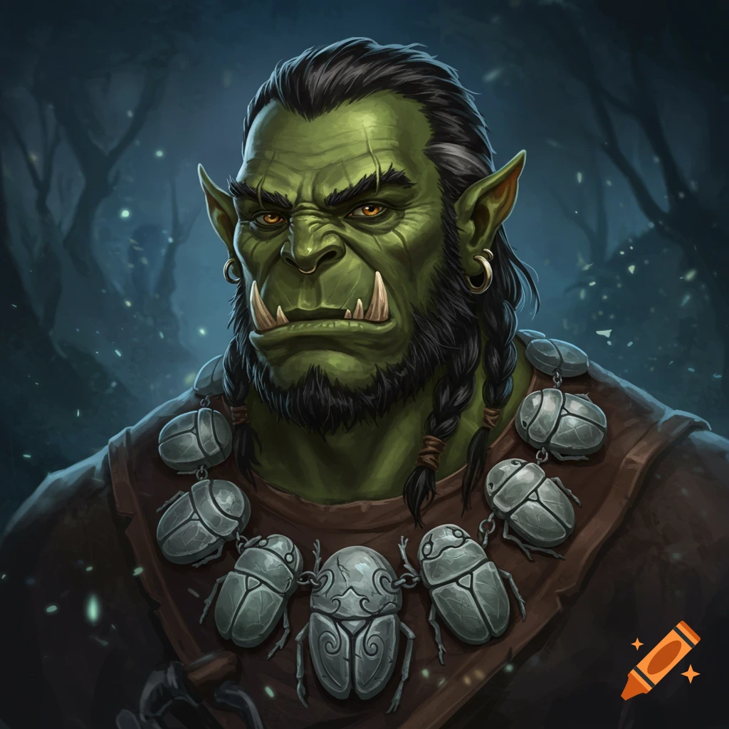 A green half-orc wears a necklace of stone beetles against a dark forest background.