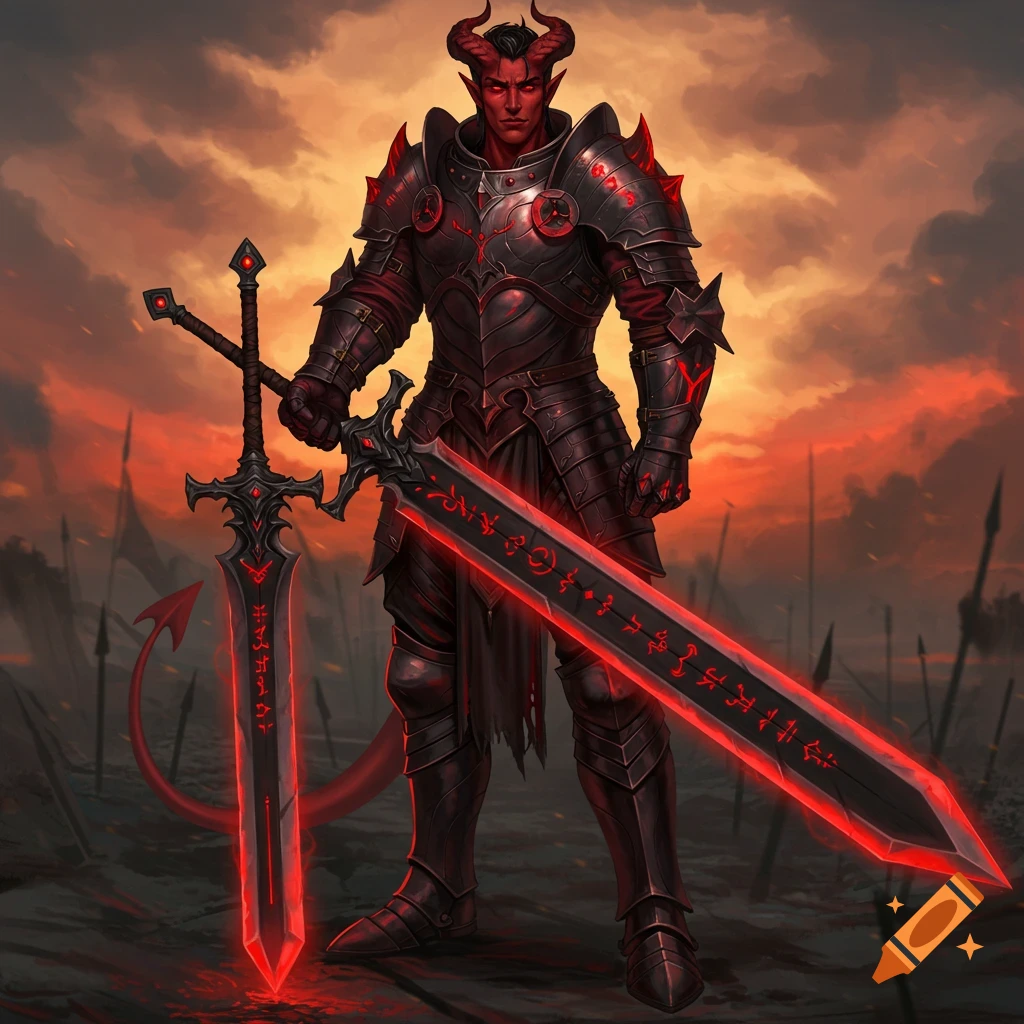 A red-skinned, horned figure in dark armor stands holding two large swords glowing with red runes in a battlefield under a stormy sky.