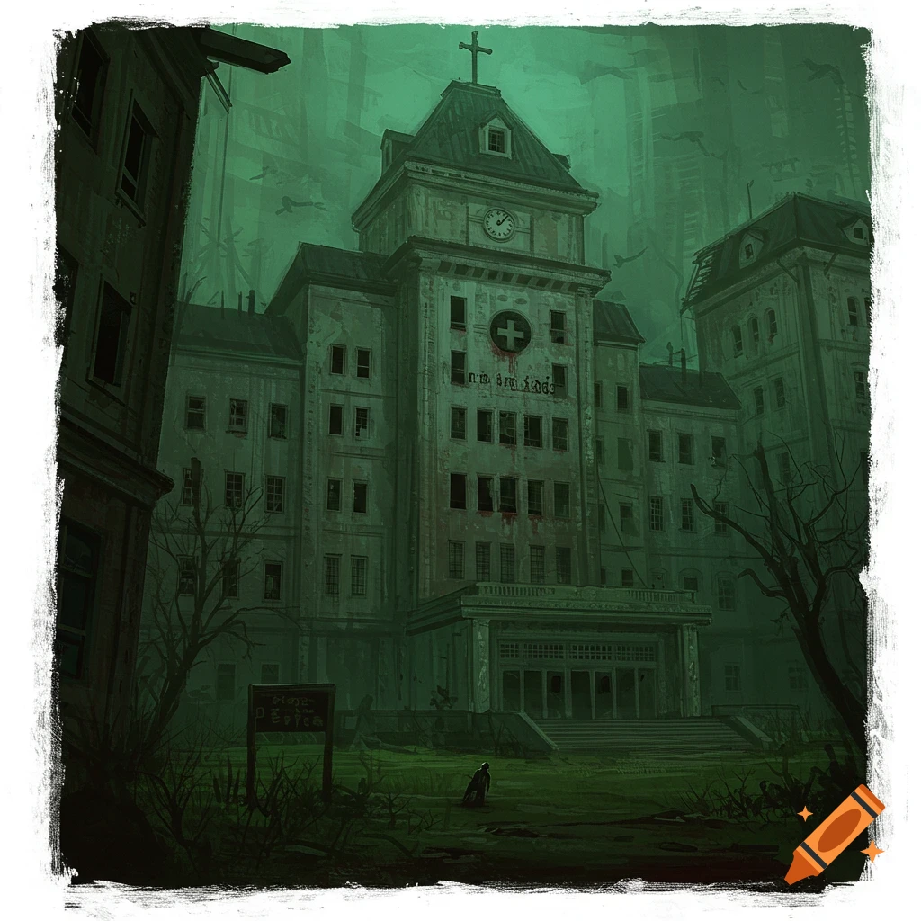 Illustration of a creepy, abandoned hospital building in a dark, greenish atmosphere.