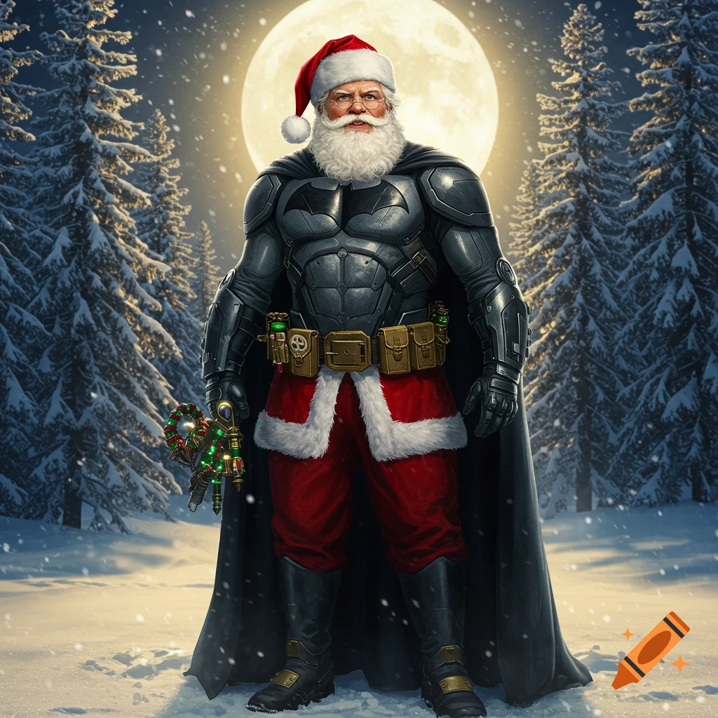 Santa Claus in a Batman suit stands in a snowy forest under a full moon, holding a gadget.