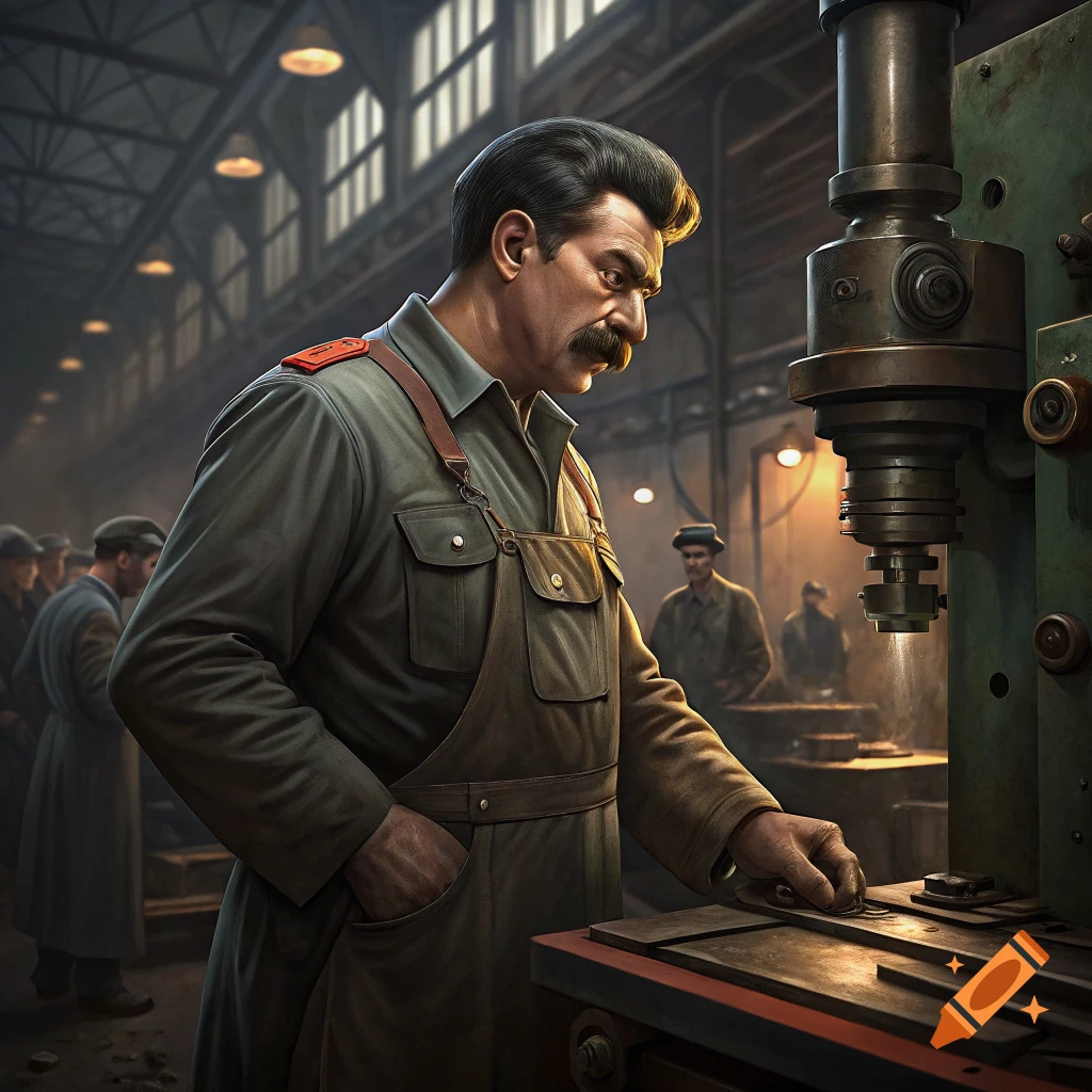 Joseph Stalin in uniform and apron working at a machine in a factory.