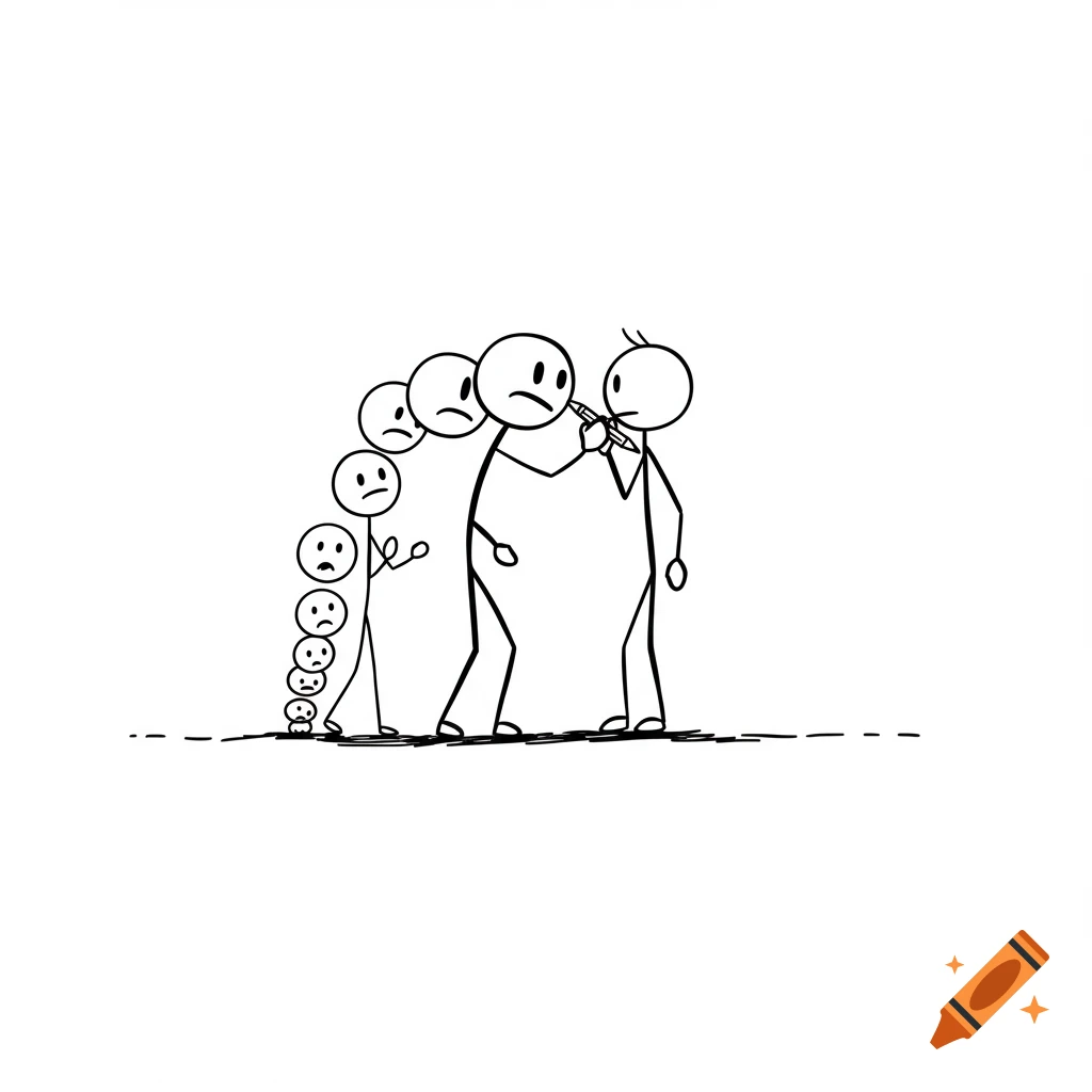 Stick figure drawing another stick figure, leading to a line of smaller sad figures behind.