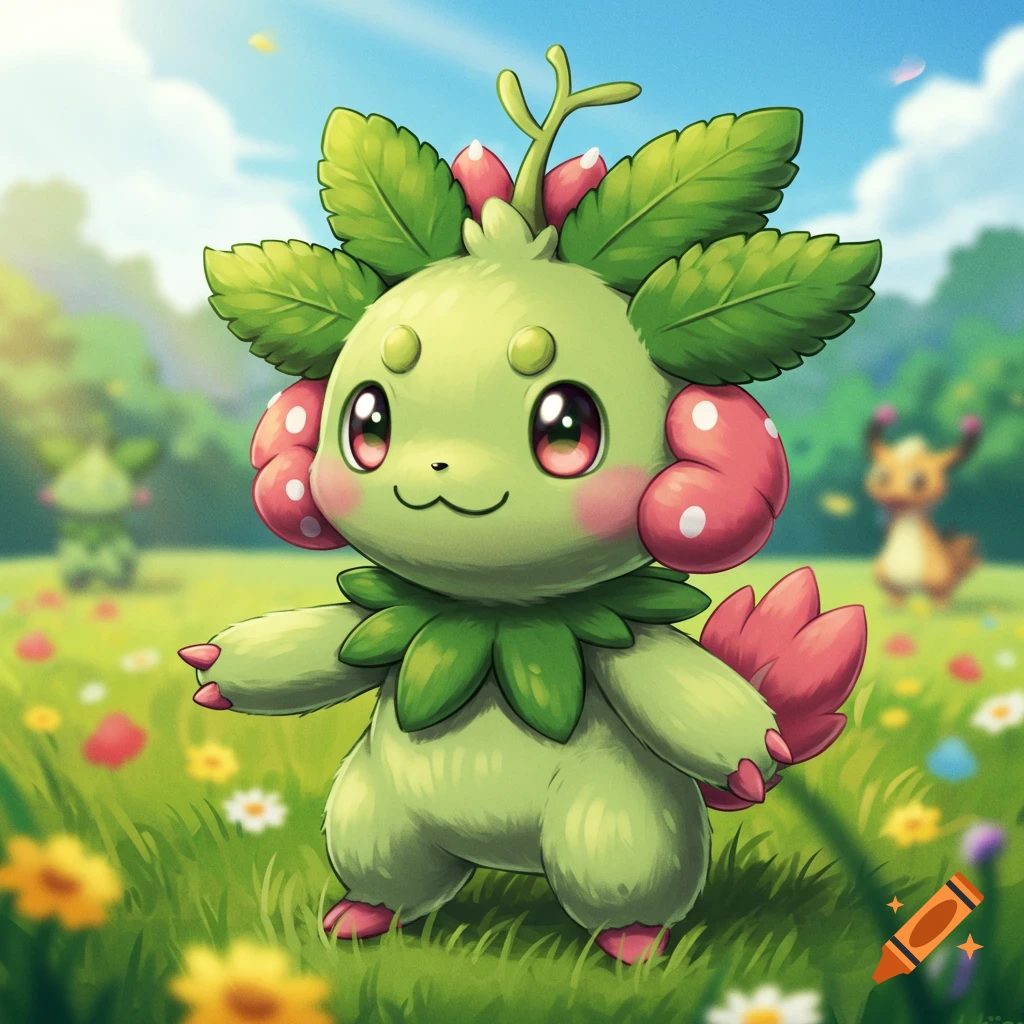 A cute, green, plant-like Pokemon creature stands in a field of flowers