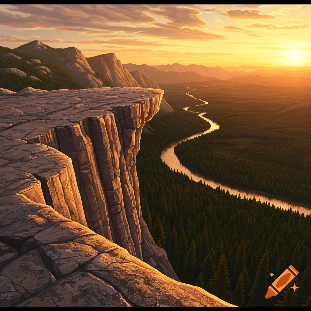 Realistic image of a cliff overlooking a winding river and pine forest at sunset.