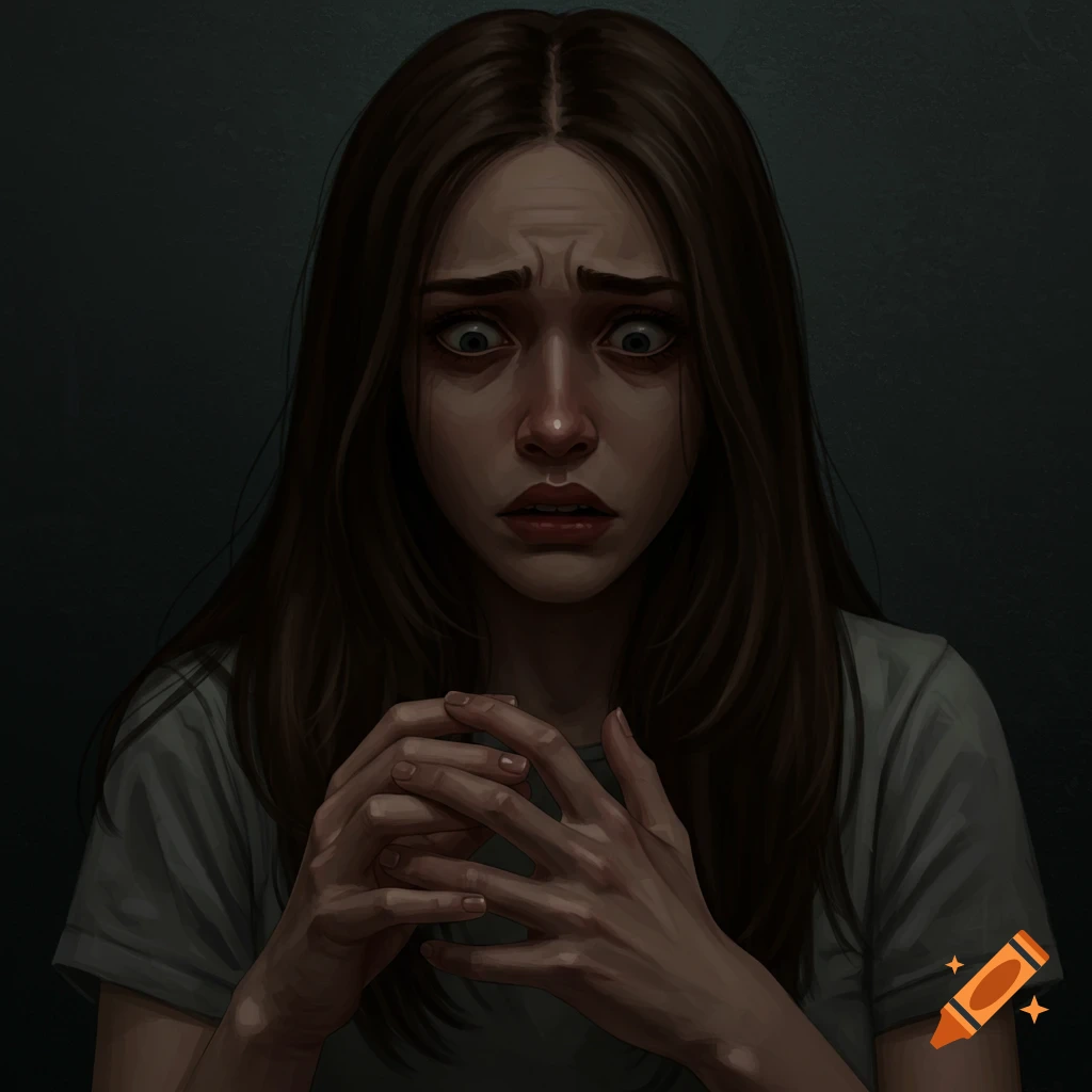 A woman looks at her clasped hands with fear.