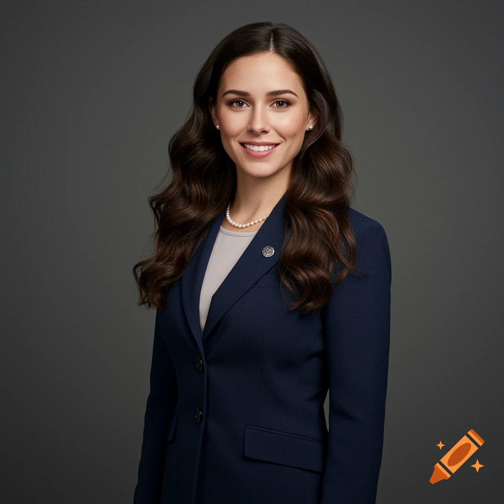 Photorealistic portrait of a smiling brunette woman in a navy suit and pearl necklace.