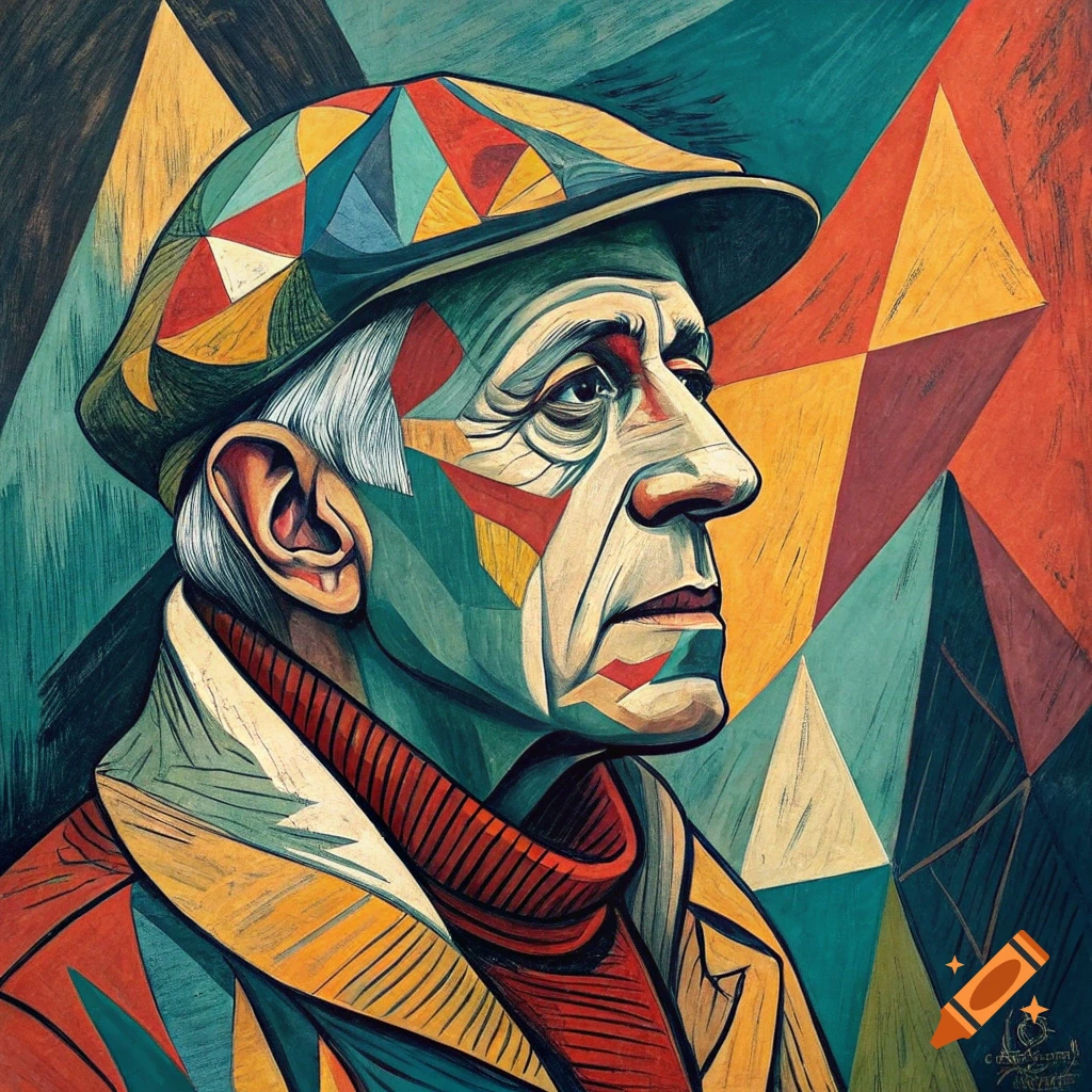Colorful geometric portrait of an older man in a hat, in the style of Pablo Picasso.