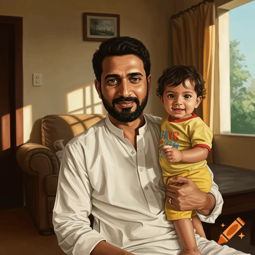 A man holds a baby in a sunlit room, painterly style