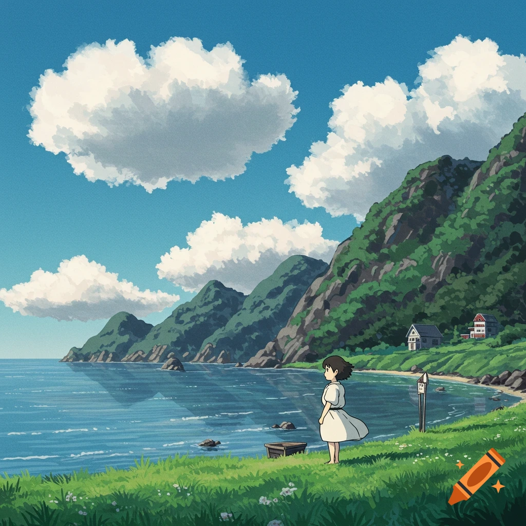 A girl stands on a grassy hill overlooking the sea and mountains, in a Ghibli animation style.