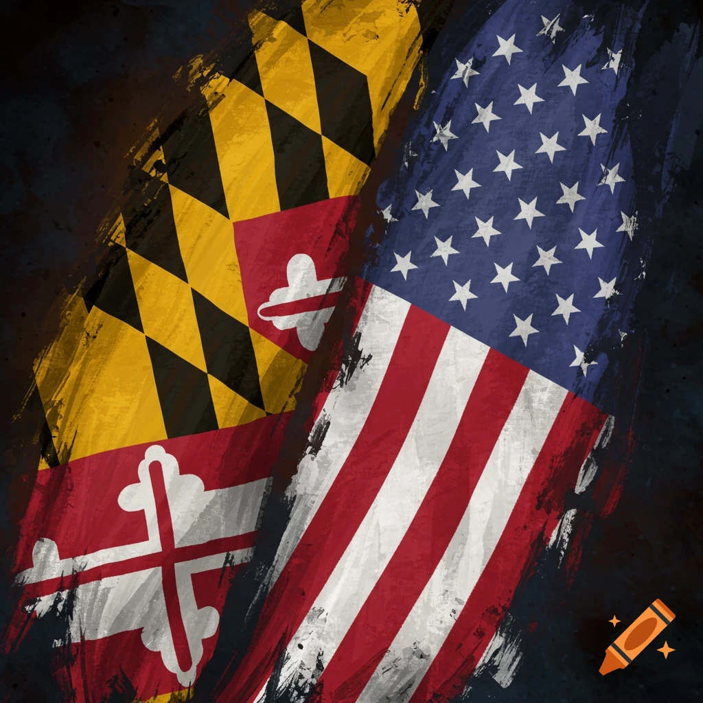The Maryland flag and the American flag blend together in a tattered, brushed style against a dark background.