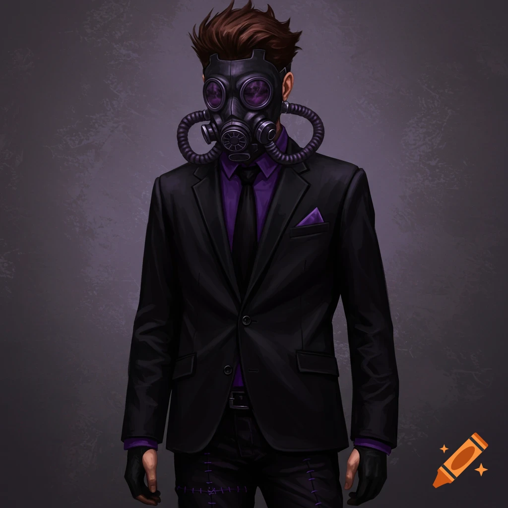 A man in a black suit and purple shirt wears a black gas mask with purple rims.