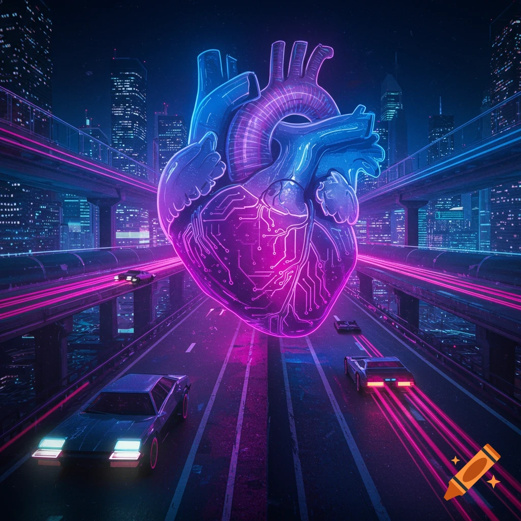A neon purple and blue heart with circuit patterns floats above a futuristic highway with cars and cityscape at night in a cyberpunk style.