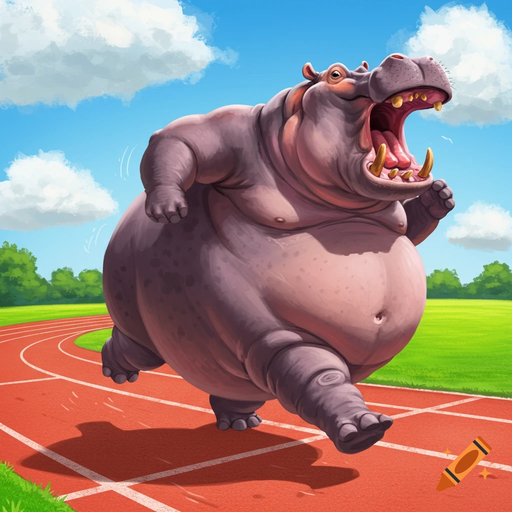 A cartoon hippo runs on a red track under a blue sky with clouds.