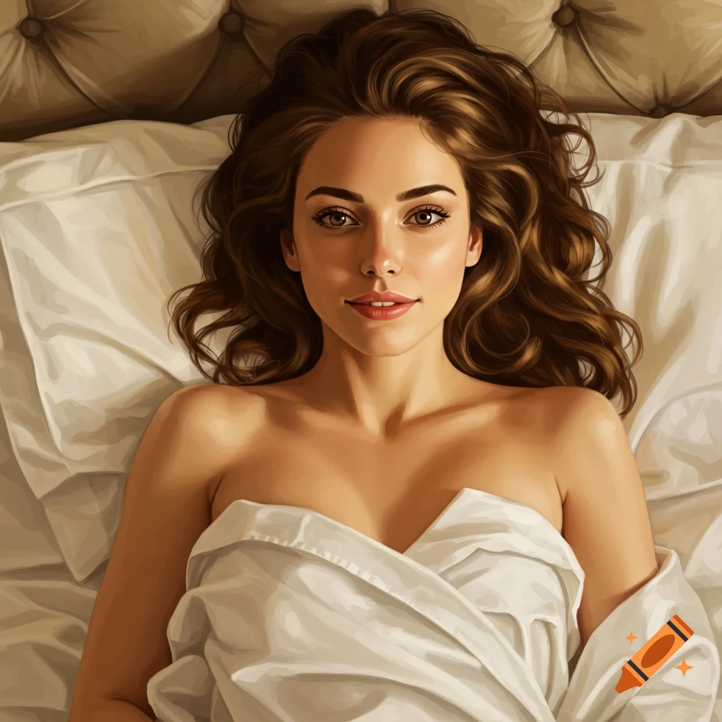 A young woman with brown hair lies in bed, looking at the viewer with a gentle smile.