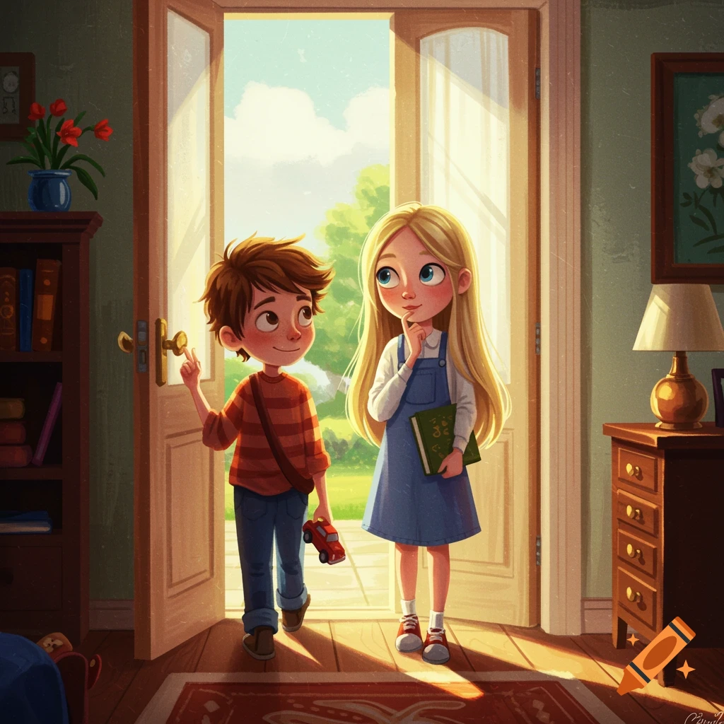 Stylized illustration of a boy and girl standing in an open doorway, about to go outside.