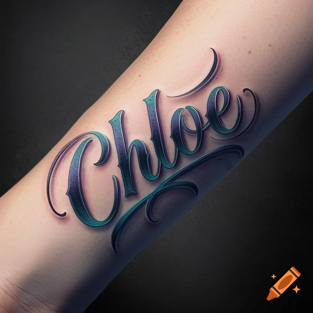 Realistic tattoo of the name Chloe on an arm.