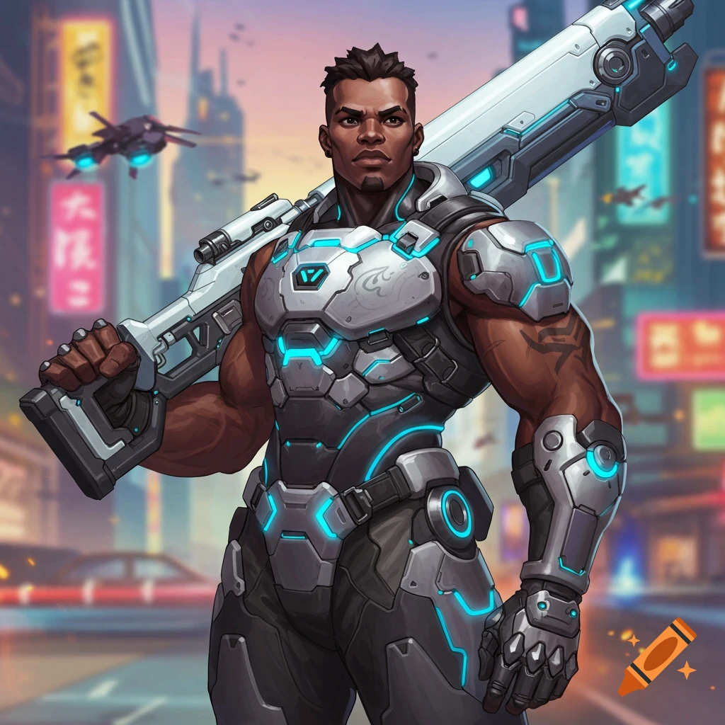 A muscular man in futuristic white and grey armor with blue lights holds a large sci-fi weapon over his shoulder in a cyberpunk city. Stylized digital art.