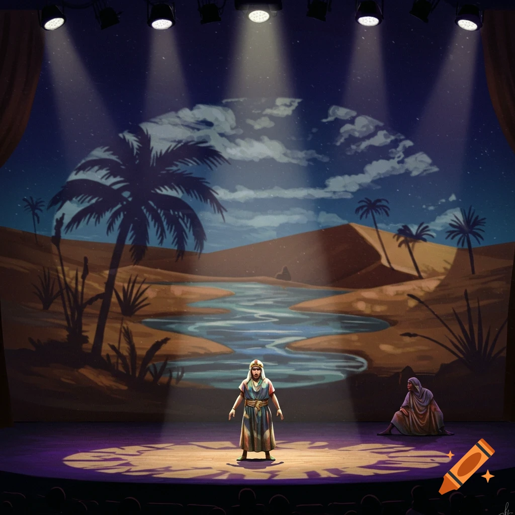 A stage scene shows two figures in robes under spotlights before a desert oasis backdrop with palm trees and water.