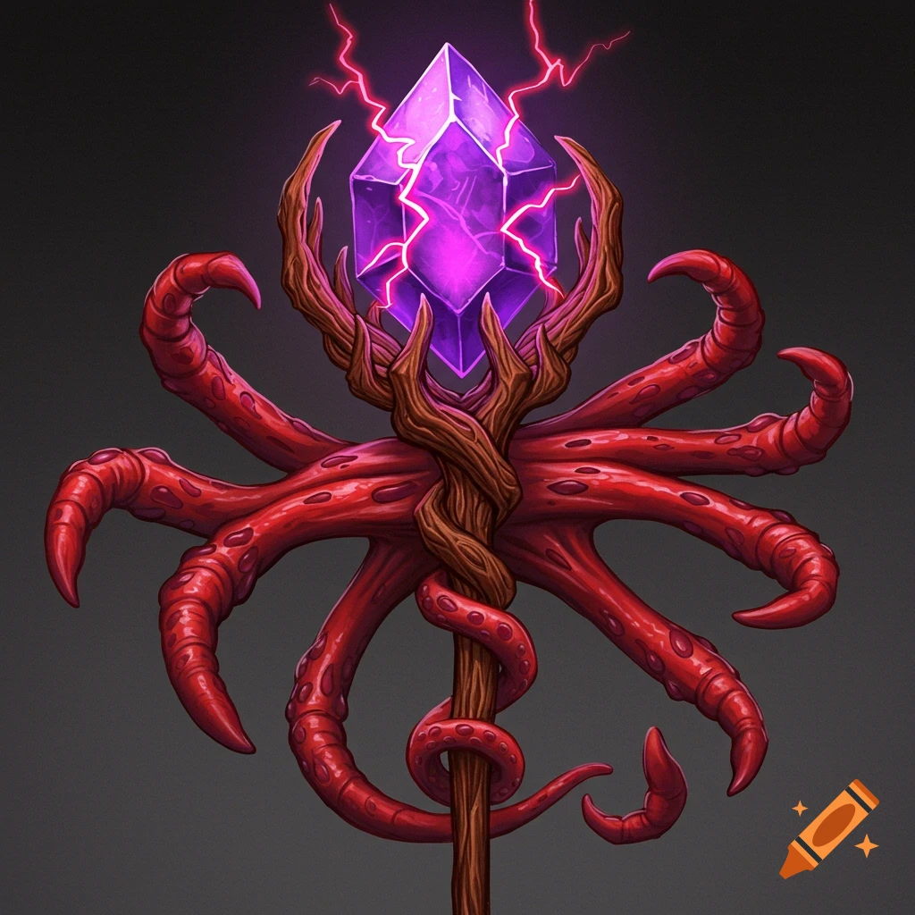 A fantasy staff with a glowing purple gem, lightning, wood branches, and red tentacles.