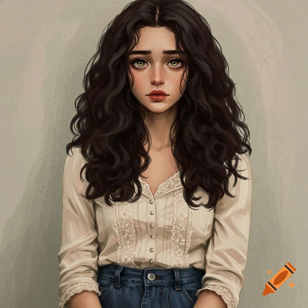Digital illustration of a young woman with long brown hair and green eyes wearing a white blouse