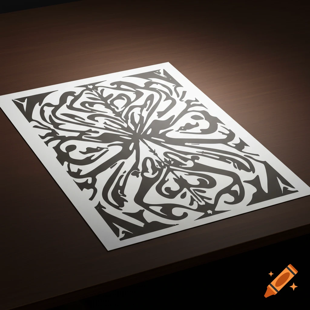 Paper with swirling black and white abstract design on a wooden desk