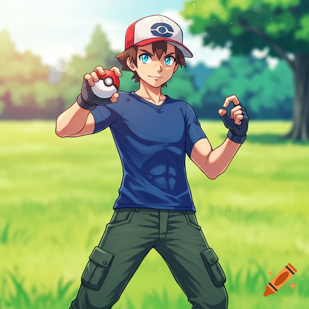Anime character resembling Ash Ketchum holding a Poke Ball in a park