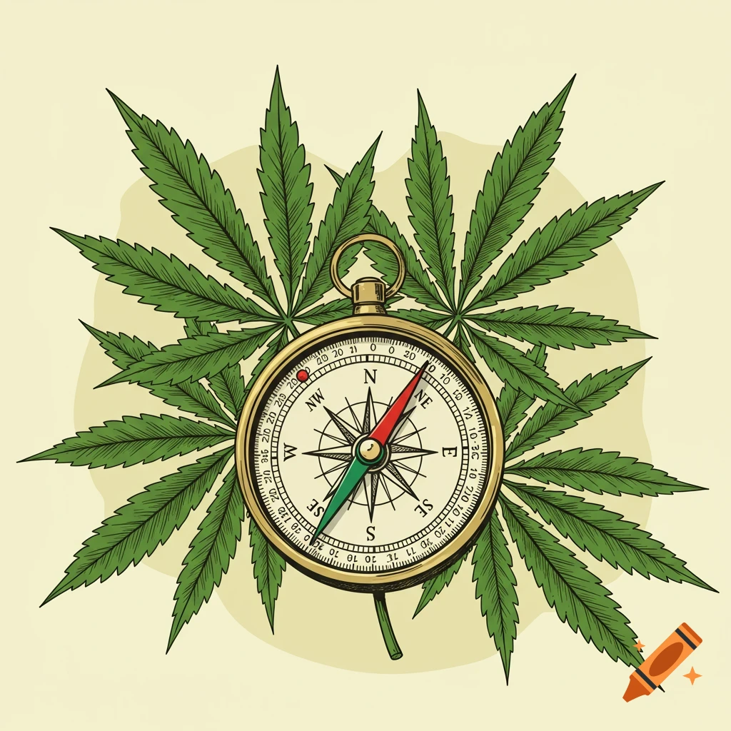 A detailed drawing of a compass centered among several cannabis leaves on a pale background.