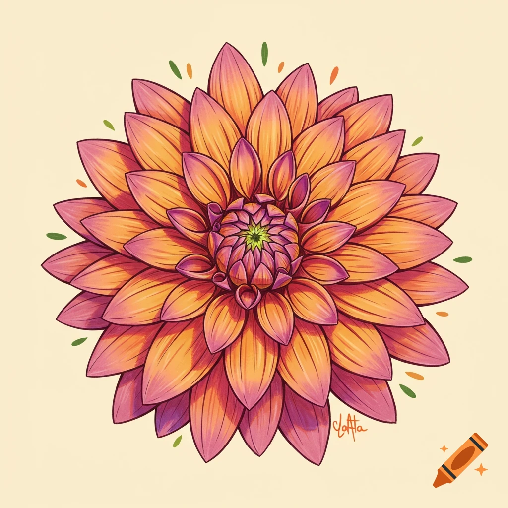 Illustration of an orange and purple dahlia flower
