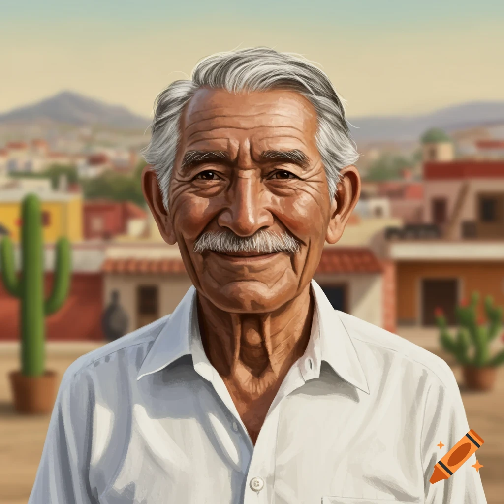 Digital illustration of an elderly man with a mustache smiling in front of a village background with cacti.