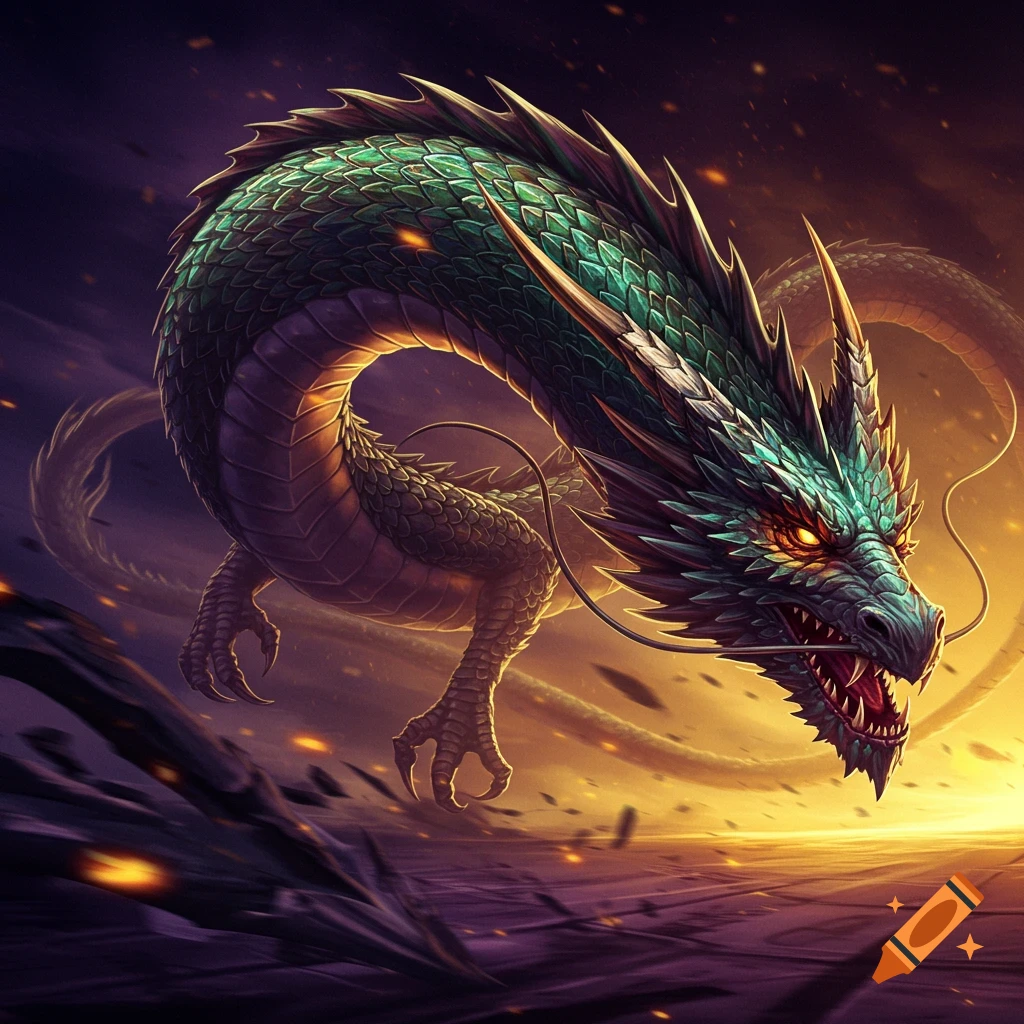 A detailed green and gold fantasy dragon with red eyes flies through a dramatic, stormy sky.