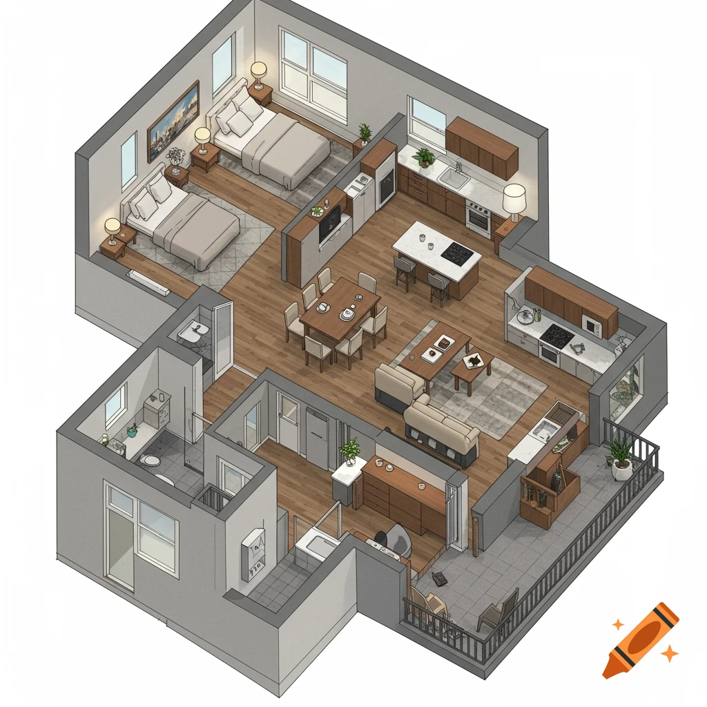Isometric view of an apartment floor plan with two bedrooms, two bathrooms, kitchen, living area, dining area, and a balcony.