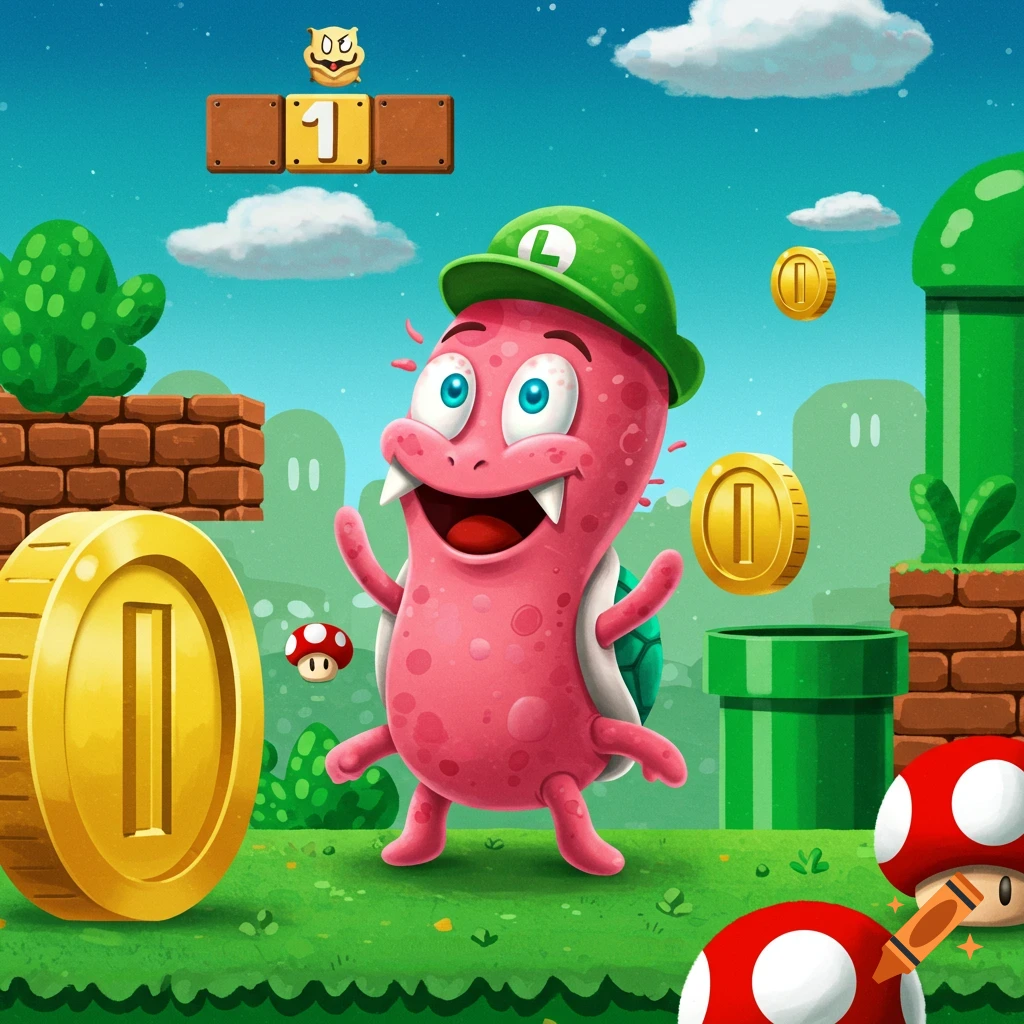 A cartoon pink monster with big eyes and fangs wears a green cap with 'L', standing in a Super Mario world with coins, mushrooms, and pipes.