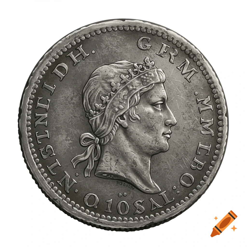 Close-up, high-angle photorealistic image of a silver coin showing a crowned figure's head in profile surrounded by text.