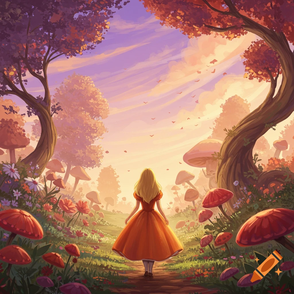 Alice from behind in orange dress walks path through fantasy forest with large mushrooms, illustration
