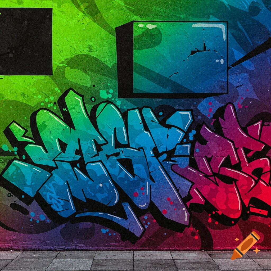 Abstract graffiti in green, blue, and purple tones on a wall, with geometric shapes in the background.