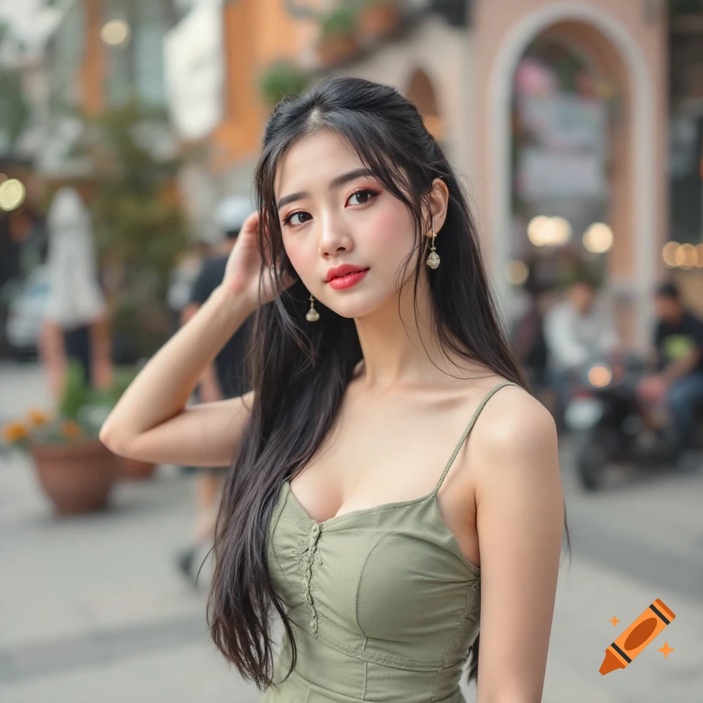 A young woman with long dark hair in a green dress poses on a city street.