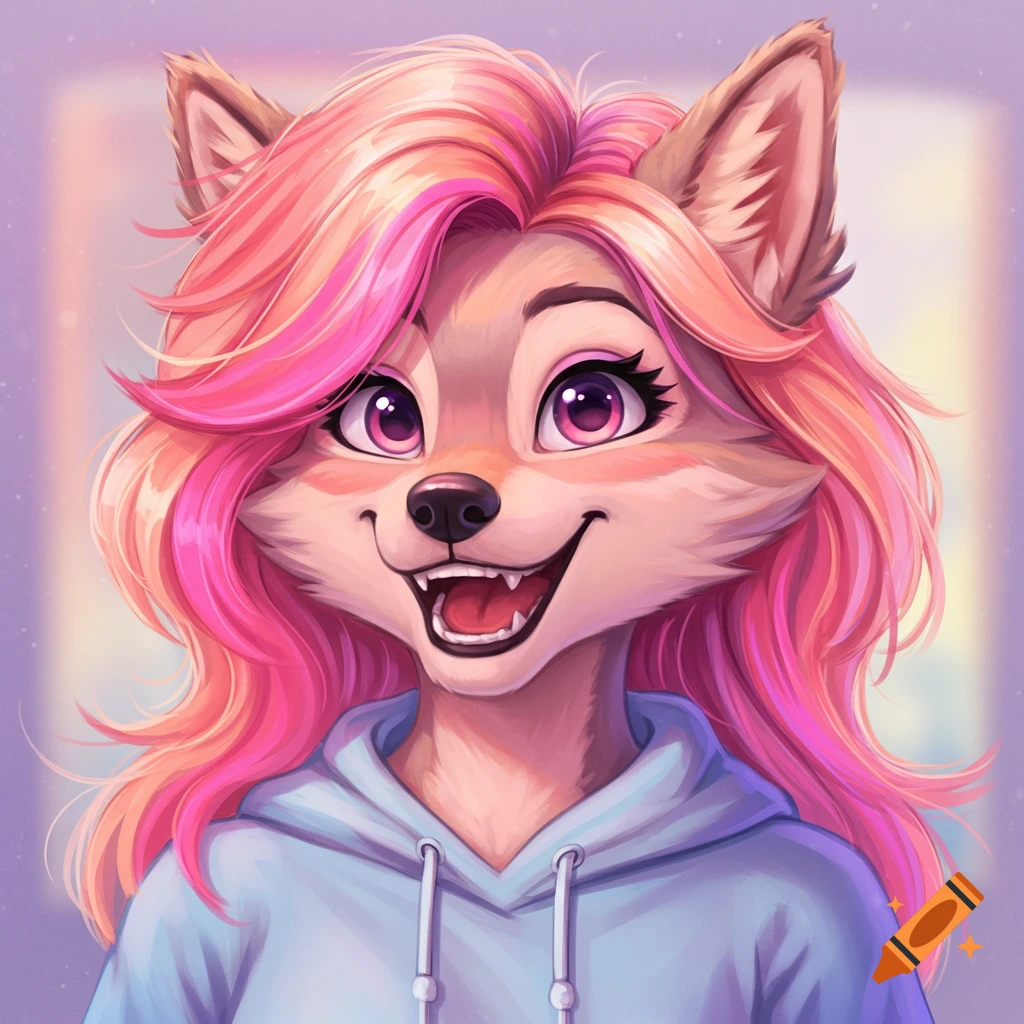 Digital illustration of a smiling anthropomorphic wolf character with pink hair wearing a blue hoodie.