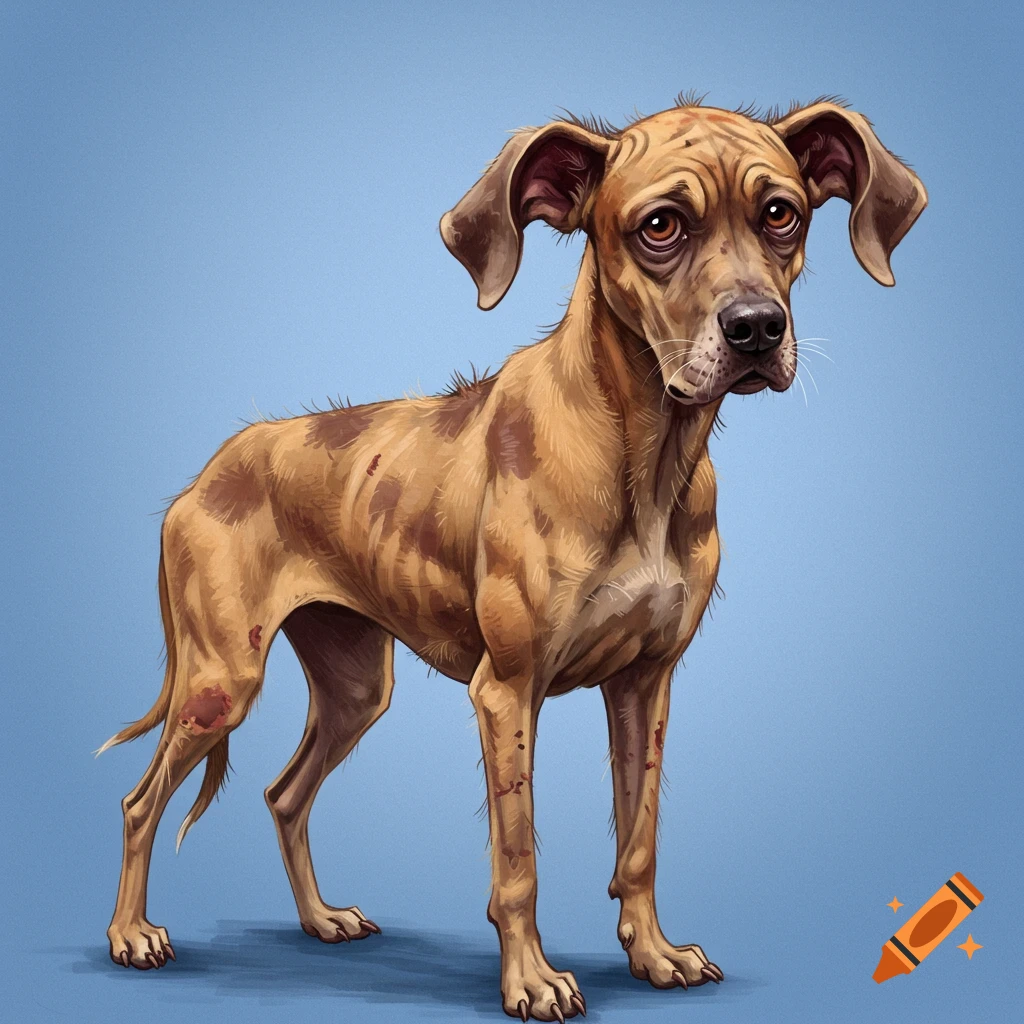 Illustration of a thin, brown dog with large ears and patchy fur, looking sad.