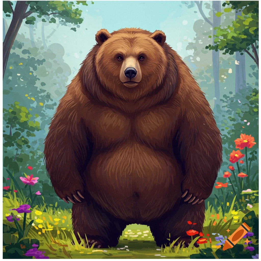 A stylized illustration of a muscular brown bear standing in a forest clearing surrounded by flowers.