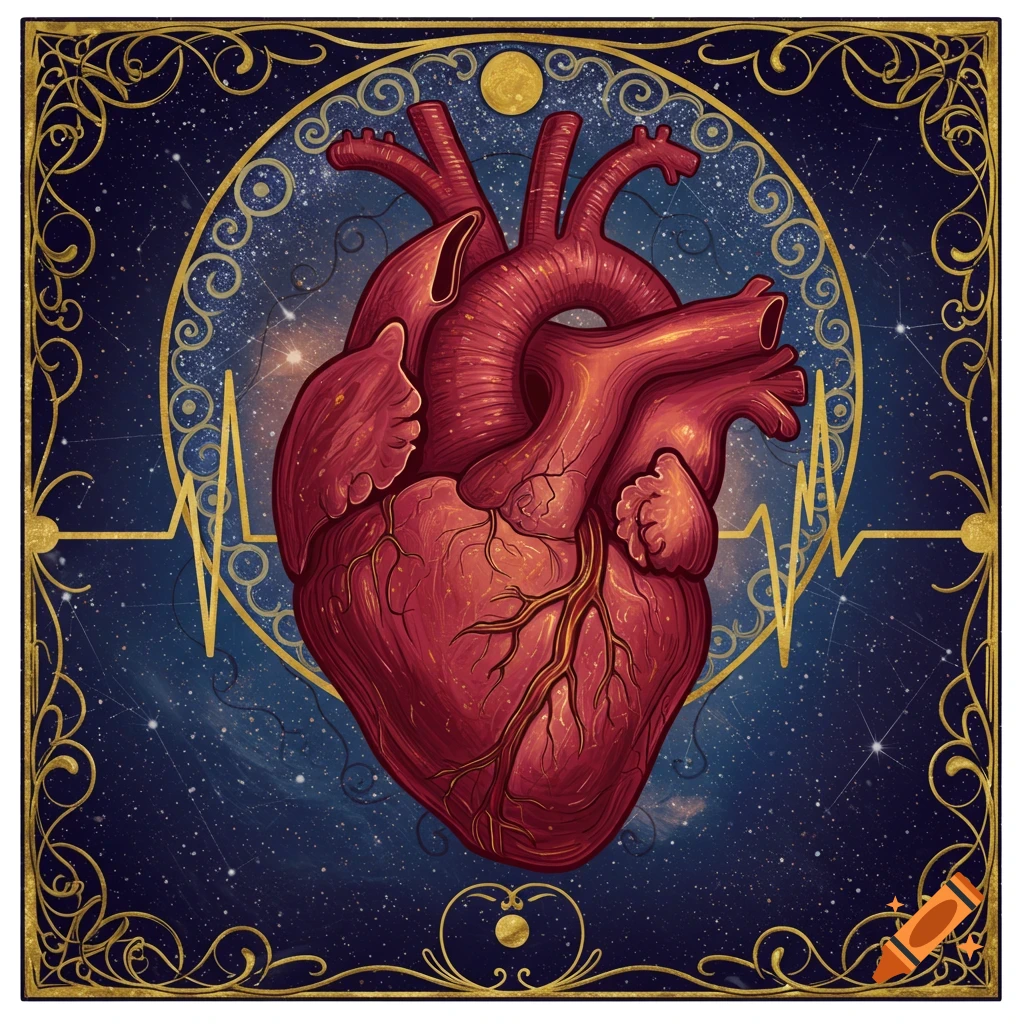 Stylized anatomical heart over a cosmic background with gold heartbeat line and frame, illustration.
