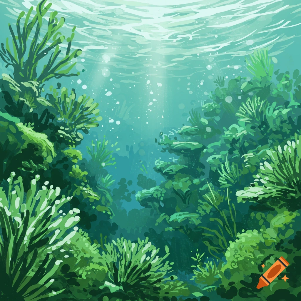 Impressionistic underwater scene with green plants and sunlight.