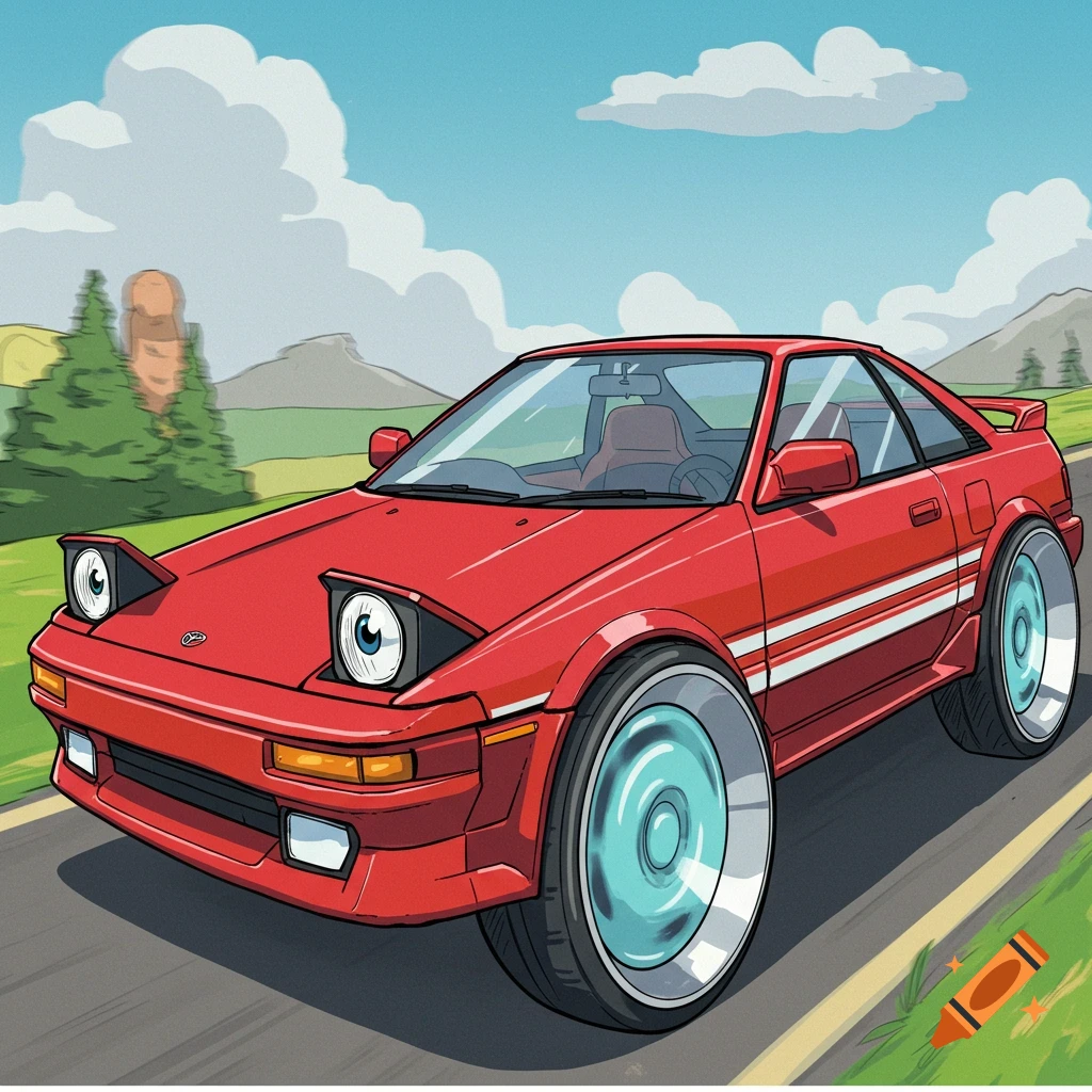 Cartoon red 1991 Toyota MR2 with big wheels and pop-up eye headlights driving on a road