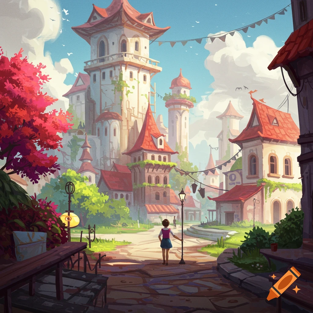 A person walks through a stylized fantasy town with large buildings and red trees under a blue sky with clouds and birds.