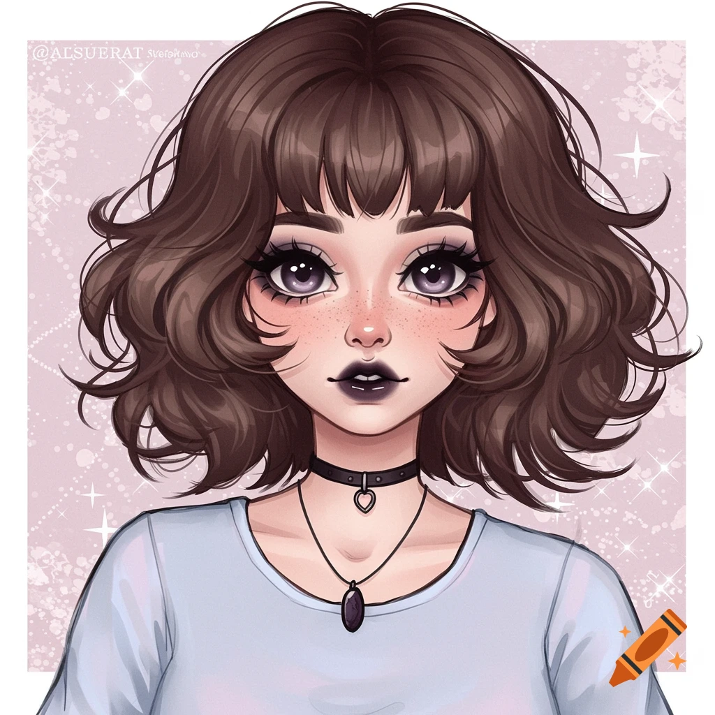 Digital illustration of a young woman with brown hair, large purple eyes, gothic makeup, a choker, and a necklace, in an anime style.