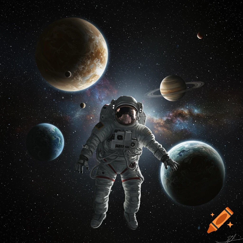 An astronaut floats among planets and stars in space.