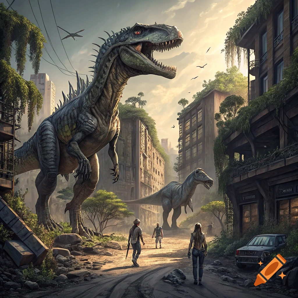 Large dinosaurs roam a ruined city while humans walk on a road, in a photorealistic style.