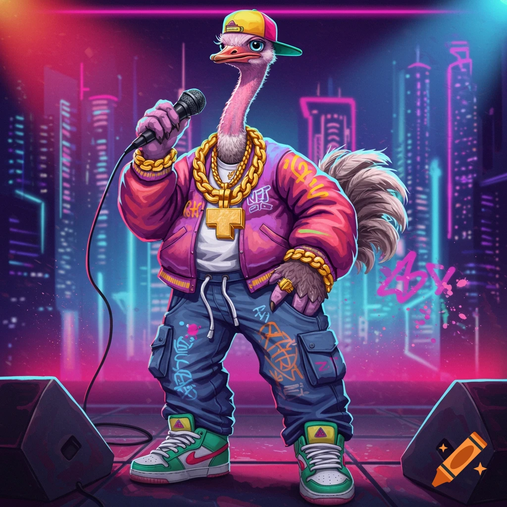 An anthropomorphic ostrich dressed as a rapper holds a microphone on stage in front of a neon city skyline.